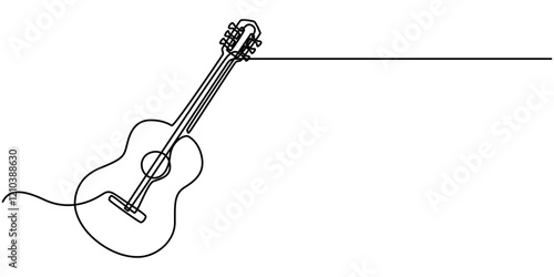 One continuous line drawing of acoustic guitar, Vector guitar continuous  One line sketch drawing concept of music illustration and minimalistic, Guitar Continuous Line Illustration, Acoustic guitar.