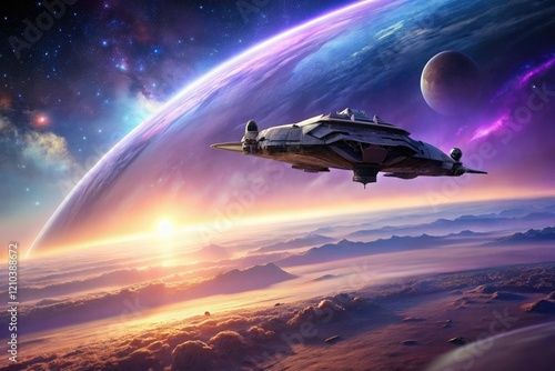Wallpaper Mural Futuristic spaceship hovering above a distant planet with a glowing purple sky, galaxy, intergalactic travel, stars, alien landscape Torontodigital.ca