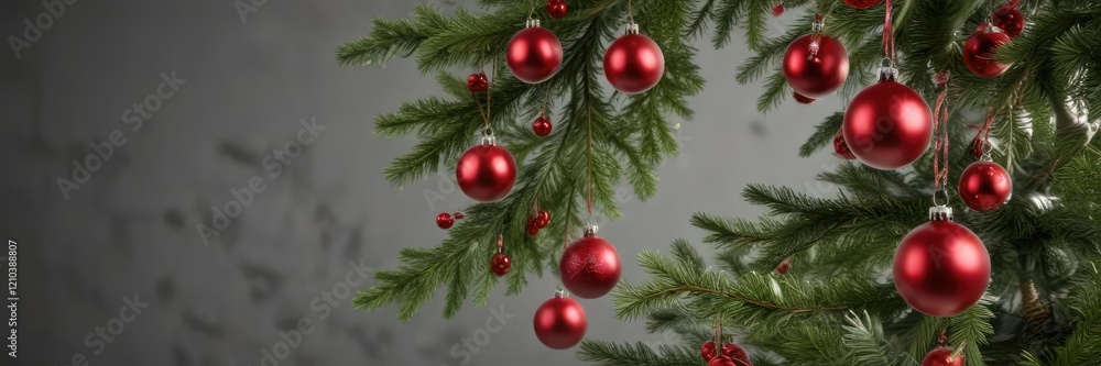 Fototapeta premium Full-length photo of a single, decorated Christmas tree branch with multiple red ball ornaments, evergreen tree, christmas tree branches, holiday decoration