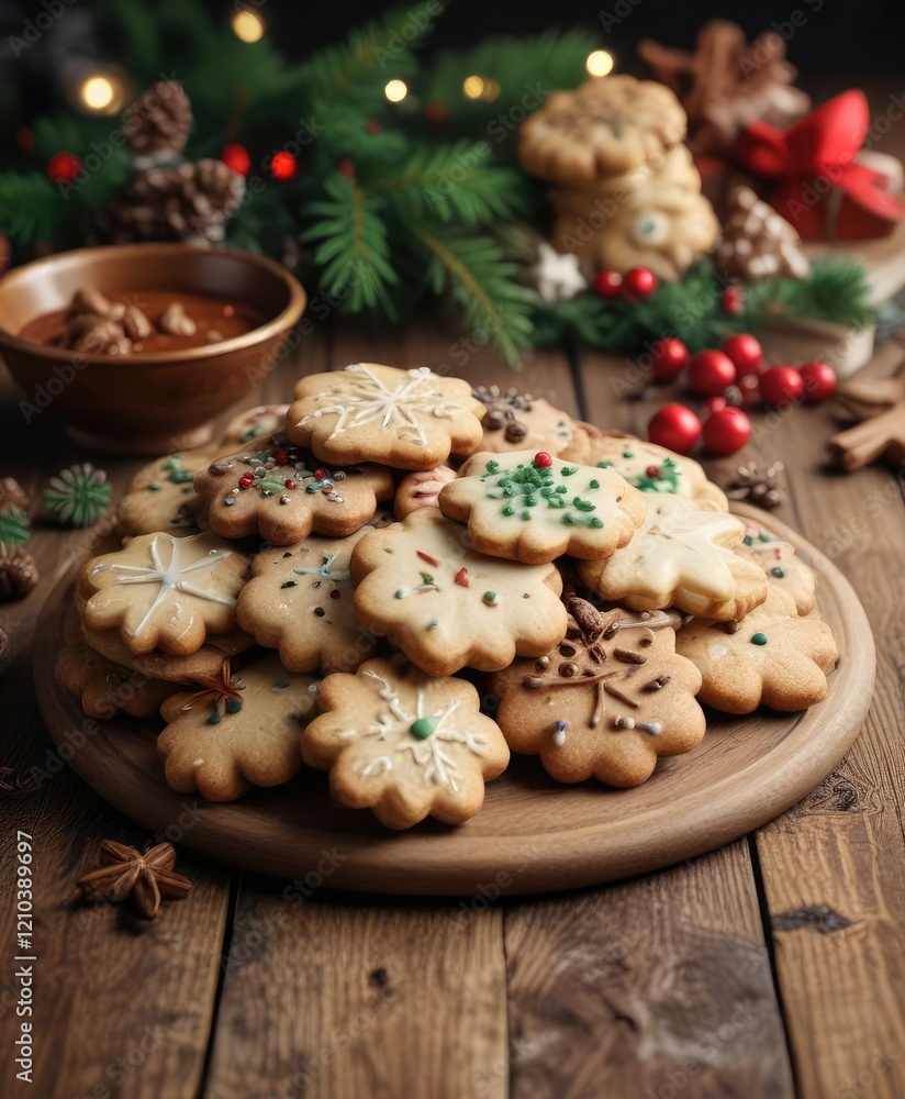 Fototapeta premium Freshly baked Christmas cookies on a wooden table, sweet treat, winter wonderland, holiday