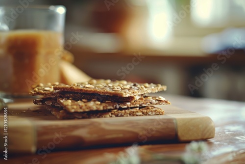 Scandinavian breakfast table with Norwegian brown cheese and crispbread photo