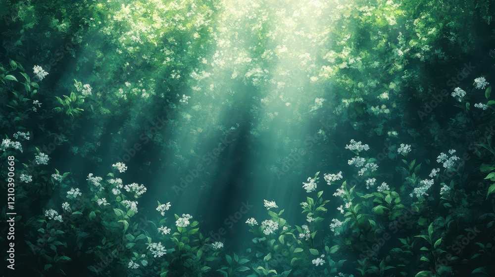 Fototapeta premium A serene forest scene illuminated by soft sunlight filtering through foliage.