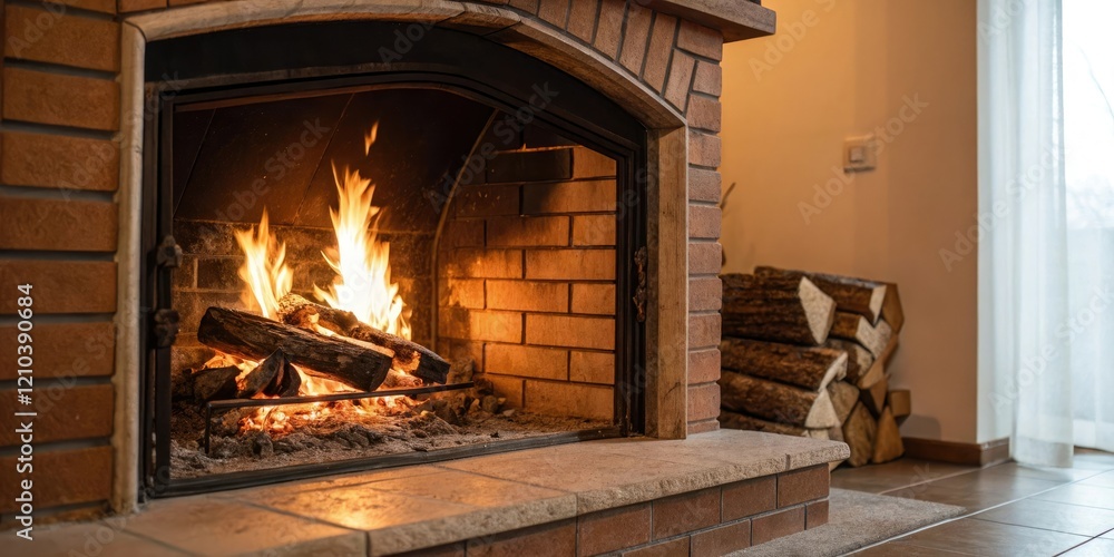 Fireplace with crackling flames and warm ambiance, fire place, cozy atmosphere, crackling sounds, rustic decor Fireplace with crackling flames and warm ambiance, fire place, cozy atmosphere, crackling sounds, rustic decor
