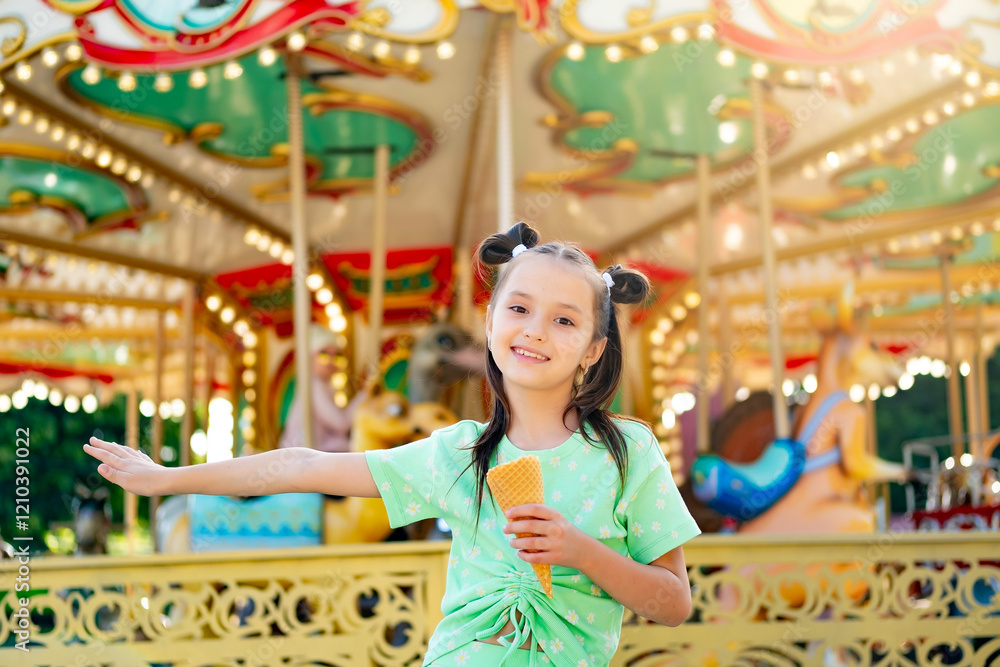 Obraz premium A child girl eats ice cream in a summer amusement park and enjoys the International Children's Day, happy childhood and holidays