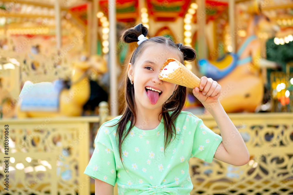 Obraz premium a child with ice cream, a cute little girl eats ice cream and shows her tongue in the summer at an amusement park and attractions, children's holidays and weekends, children's Day
