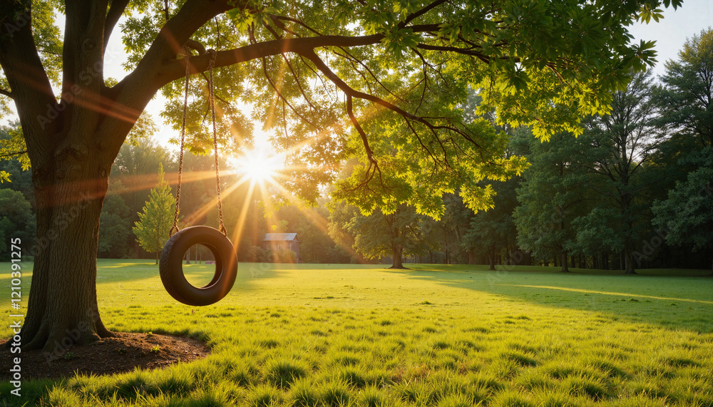 Serene tire swing under tree at golden hour, peaceful relaxation, Swing in Yard, Mild Weather Serene tire swing under tree at golden hour, peaceful relaxation, Swing in Yard, Mild Weather