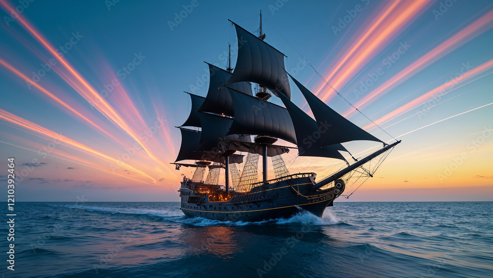 Galleon sailing on the ocean at sunset with vapor trails in the sky Galleon sailing on the ocean at sunset with vapor trails in the sky