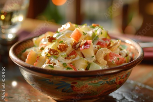 Waldorf salad with apples and walnuts in restaurant setting photo