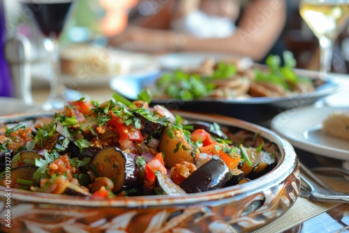 Zaalouk salad at blurred Mediterranean family table vignettes photo