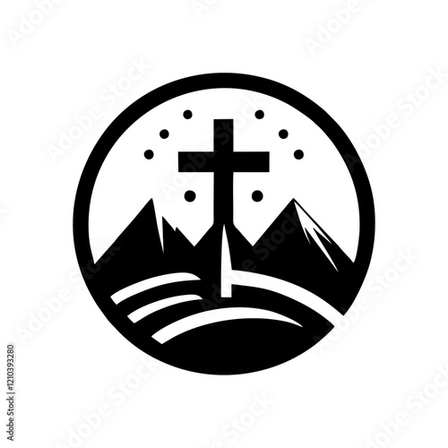 Cross on mountain simple vector logo