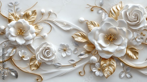 3D wallpaper with a white and gold floral background