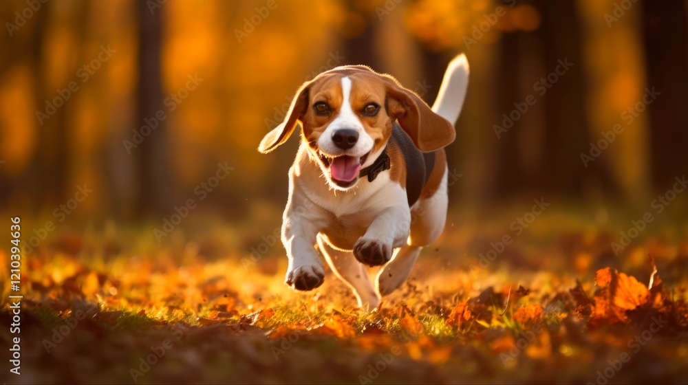 Beagle Running Joyfully in an Autumn Park with Green Grass and Trees Providing the Scenic Natural Background