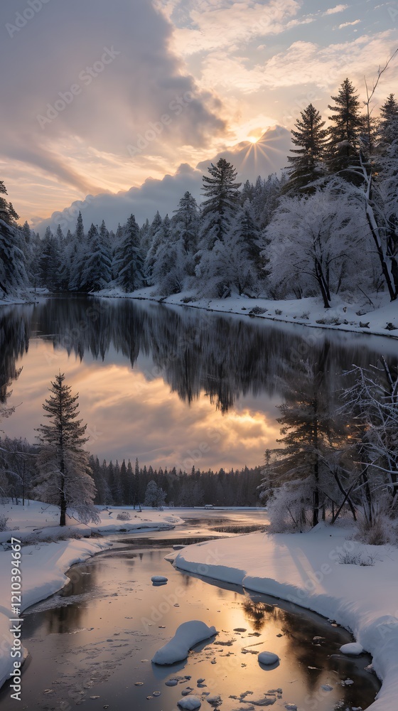 Fototapeta premium Winter Sunset by a Frozen River 