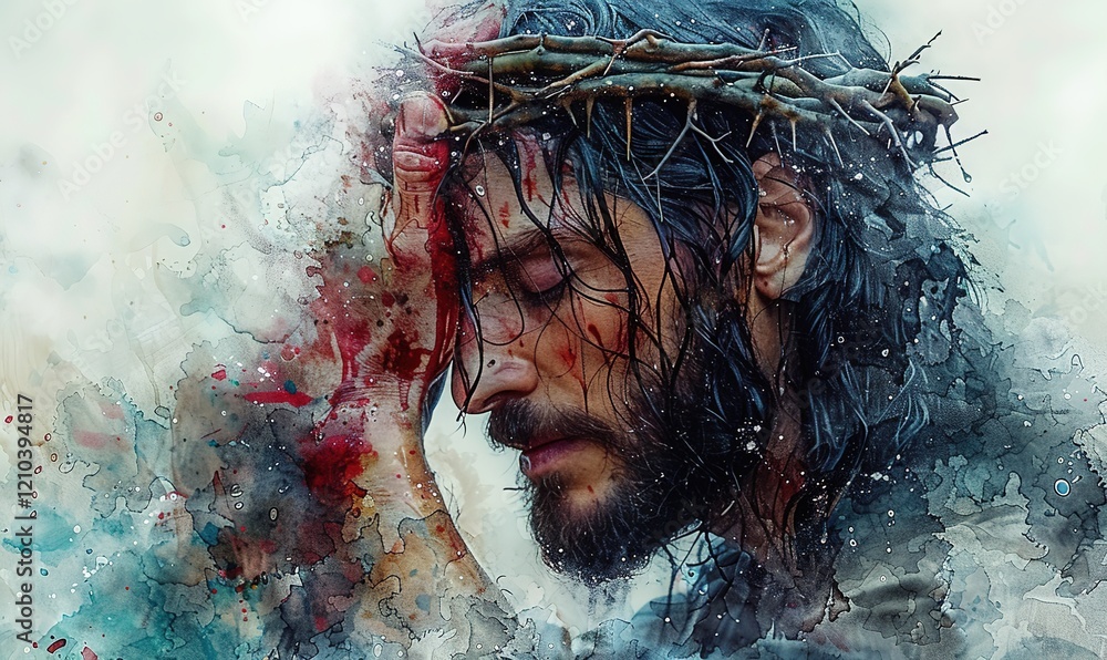 Fototapeta premium watercolor drawing of Jesus in a crown of thorns