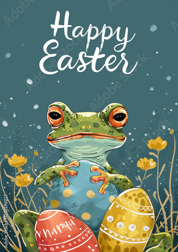 Easter postcard with colored eggs, cartoon frog and title - Happy Easter