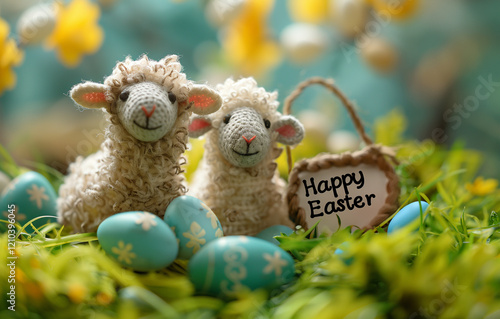 Easter holiday postcard with two handmade toys of lambs. Composition with cute animal and painted Easter eggs in green grass.