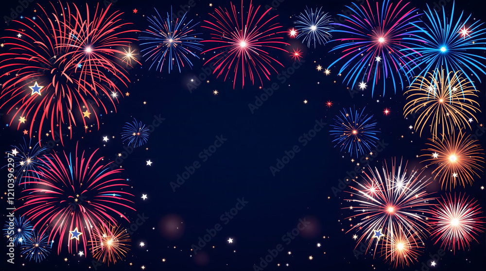 Naklejka premium Dynamic independence day banner featuring vibrant fireworks and scattered stars
