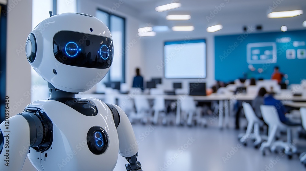 Advanced robotic education institute, futuristic classroom with teaching robots and students, Innovative style Advanced robotic education institute, futuristic classroom with teaching robots and students, Innovative style