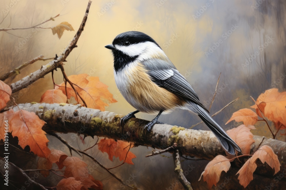 Fototapeta premium Black-Capped Chickadee Perched on a Tree Branch. Bird Photography. Wildlife and Nature. Avian Fauna of Songbirds