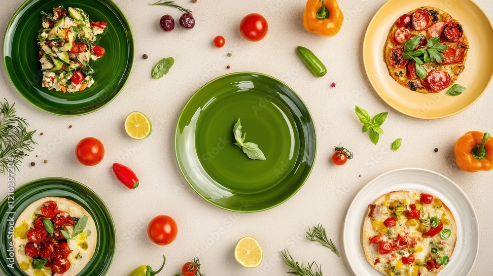 Vibrant clean eating scene with colorful plates on light tablecloth natural light top view healthy lifestyle concept Vibrant clean eating scene with colorful plates on light tablecloth natural light top view healthy lifestyle concept