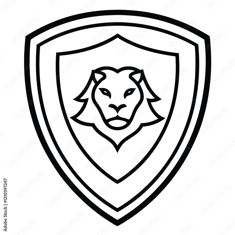 Lion Head in Shield Line Art Vector Illustration and Logo Outline Design Lion Head in Shield Line Art Vector Illustration and Logo Outline Design