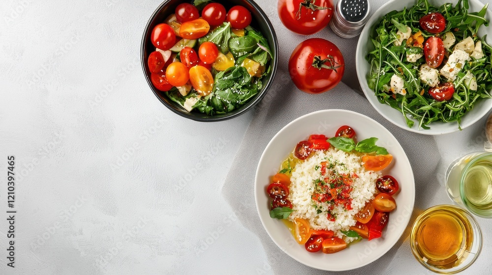 Vibrant clean eating scene light tablecloth food natural light top view colorful plates Vibrant clean eating scene light tablecloth food natural light top view colorful plates