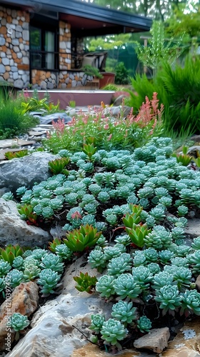  succulent garden with blue-green echeveria plants growing among natural rocks, featuring pink coral bells and ornamental grasses near a rustic stone house perfect for landscape design inspiration. photo