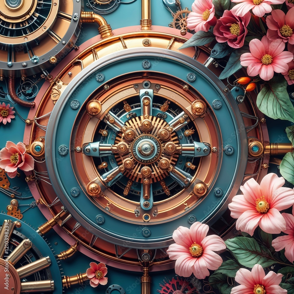 Obraz premium Detailed Steampunk Gearwork with Pink Flowers and Intricate Mechanical Design Around