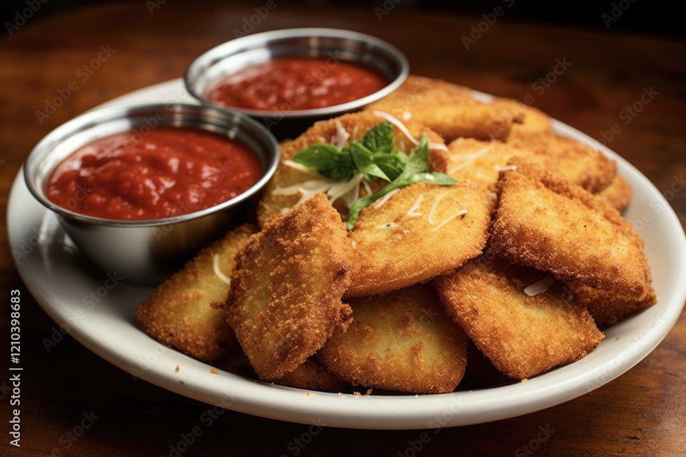 Breaded and Fried Toasted Ravioli with Marinara Sauce and Cheese. Classic and delicious Italian Appetizer with Tomatoes Breaded and Fried Toasted Ravioli with Marinara Sauce and Cheese. Classic and delicious Italian Appetizer with Tomatoes