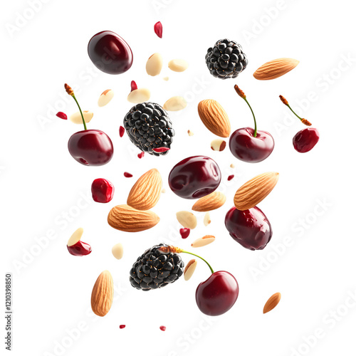 Almonds and Cherries Floating in Air