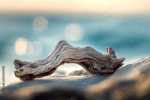 A weathered piece of driftwood resting on a beach, softly lit by natural light with a blurred ocean backdrop photo