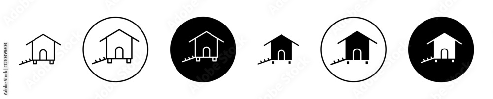 Chicken coop icons set in black filled and stroke line style Chicken coop icons set in black filled and stroke line style