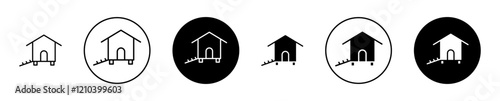 Chicken coop icons set in black filled and stroke line style