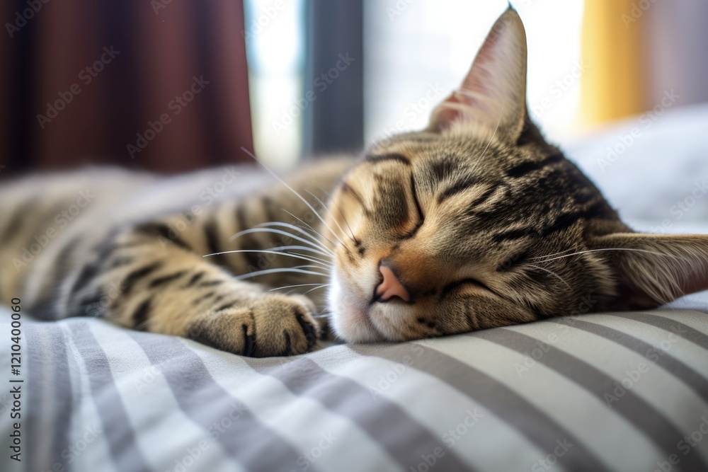 Obraz premium Cat Curled Up: Adorable Brown Tabby Sleeping Peacefully on a Cozy Bed
