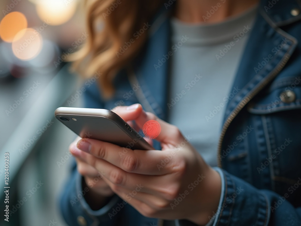 Woman Uses Her Fingerprint To Access Financial Data On Her Mobile Phone Through A Secure Mobile Banking App. 00002 Woman Uses Her Fingerprint To Access Financial Data On Her Mobile Phone Through A Secure Mobile Banking App. 00002