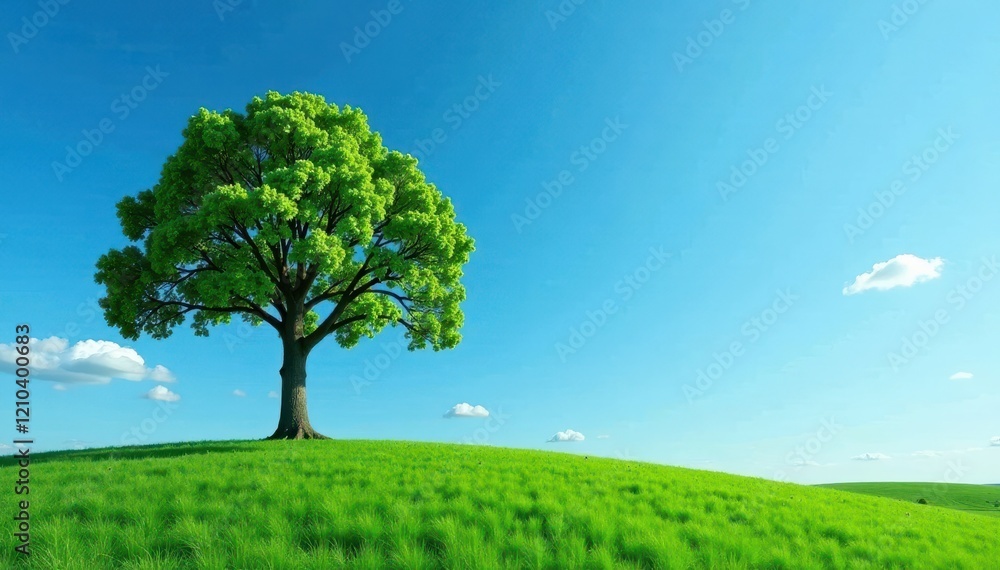 Obraz premium Single green tree against blue sky, symbolizes environmental protection , climate, element