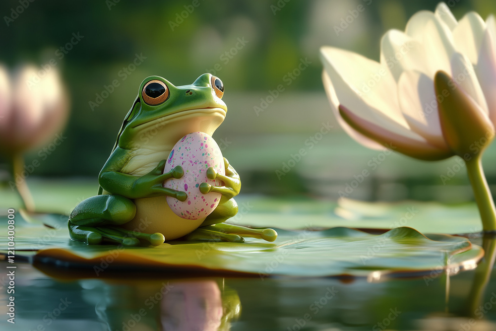 A frog sitting on a lily pad and holding Easter egg. A frog sitting on a lily pad and holding Easter egg.