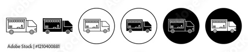 Food truck icons set in black filled and stroke line style