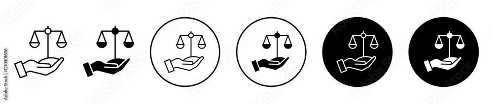 Justice scales in Hand icons set in black filled and stroke line style Justice scales in Hand icons set in black filled and stroke line style