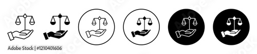 Justice scales in Hand icons set in black filled and stroke line style