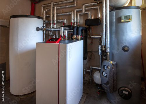 - Wärmepumpe mit Pufferspeicher und Warmwasserbehälter in einem Anschlussraum eines Doppelhauses - Grundwasser-Wärmepumpe