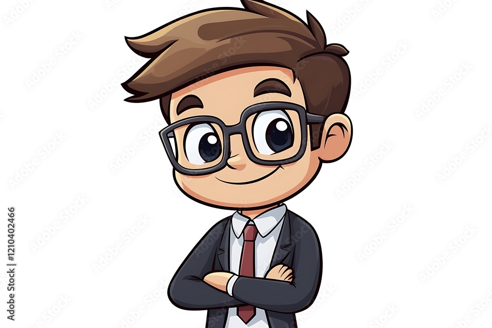 Smiling Cartoon Kid in Suit, Arms Crossed Smiling Cartoon Kid in Suit, Arms Crossed