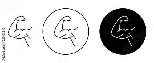 Strong arm icons set in black filled and stroke line style
