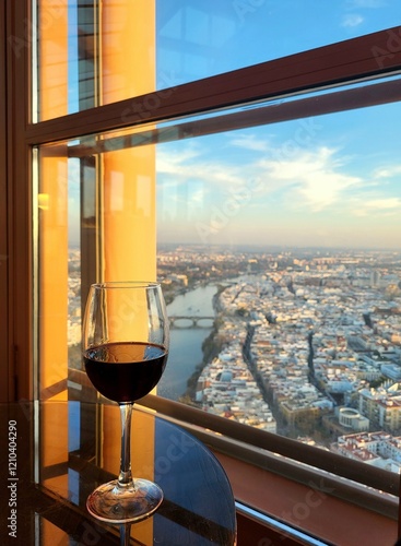 Glass of red wine against sunset city view 