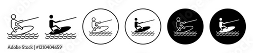 Wakeboarding icons set in black filled and stroke line style