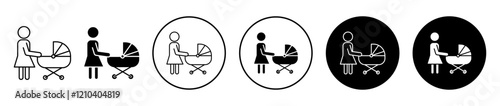 Woman with Baby Stroller icons set in black filled and stroke line style