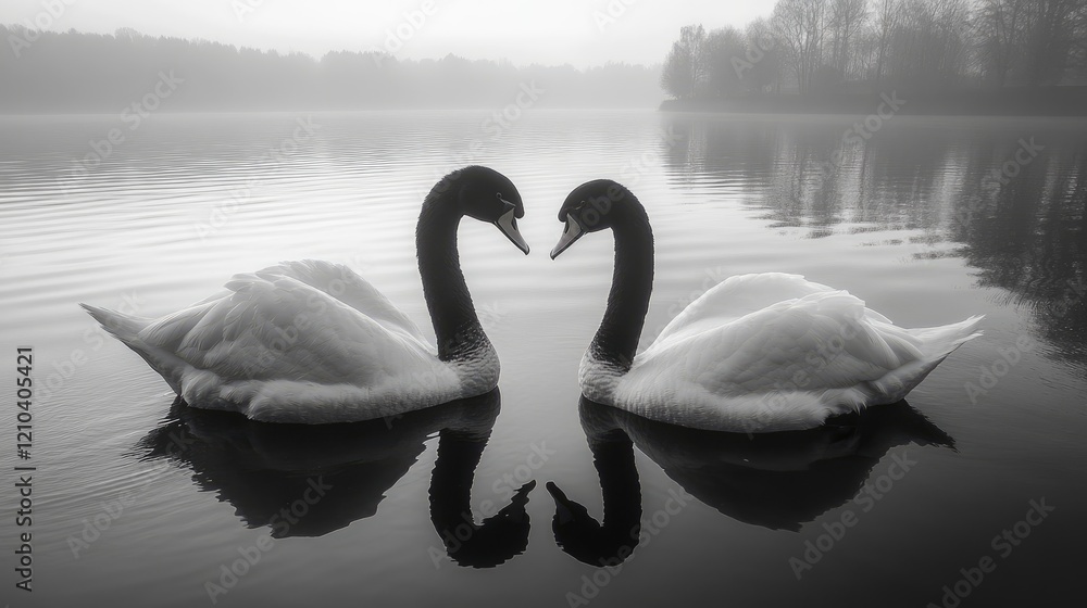 Fototapeta premium Two Black Necked Swans Display Affection On Misty Lake