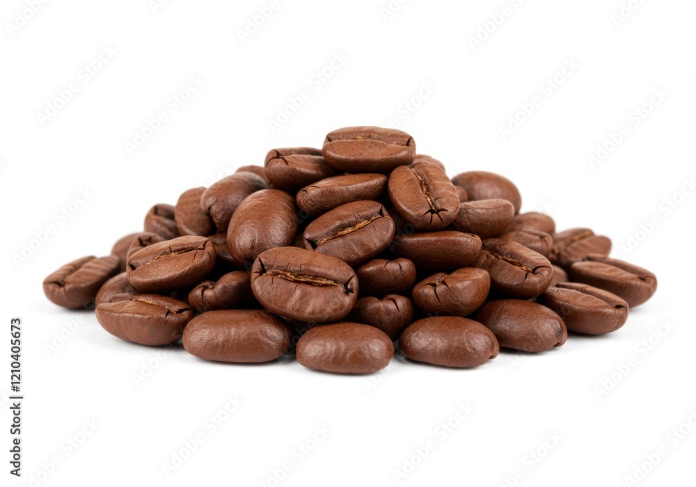 A small mound of roasted coffee beans with a rich brown color and glossy surface isolated on white background A small mound of roasted coffee beans with a rich brown color and glossy surface isolated on white background