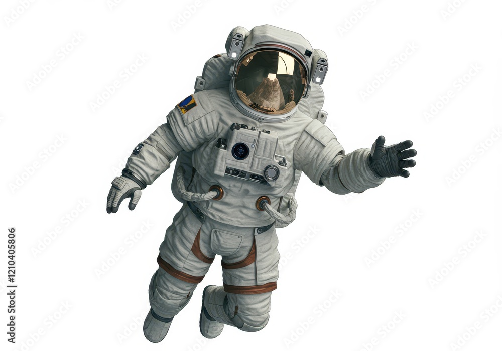 A fully-suited astronaut floating in space with a detailed helmet visor reflecting a faint glow isolated on white background A fully-suited astronaut floating in space with a detailed helmet visor reflecting a faint glow isolated on white background
