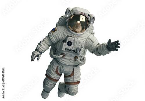 A fully-suited astronaut floating in space with a detailed helmet visor reflecting a faint glow isolated on white background